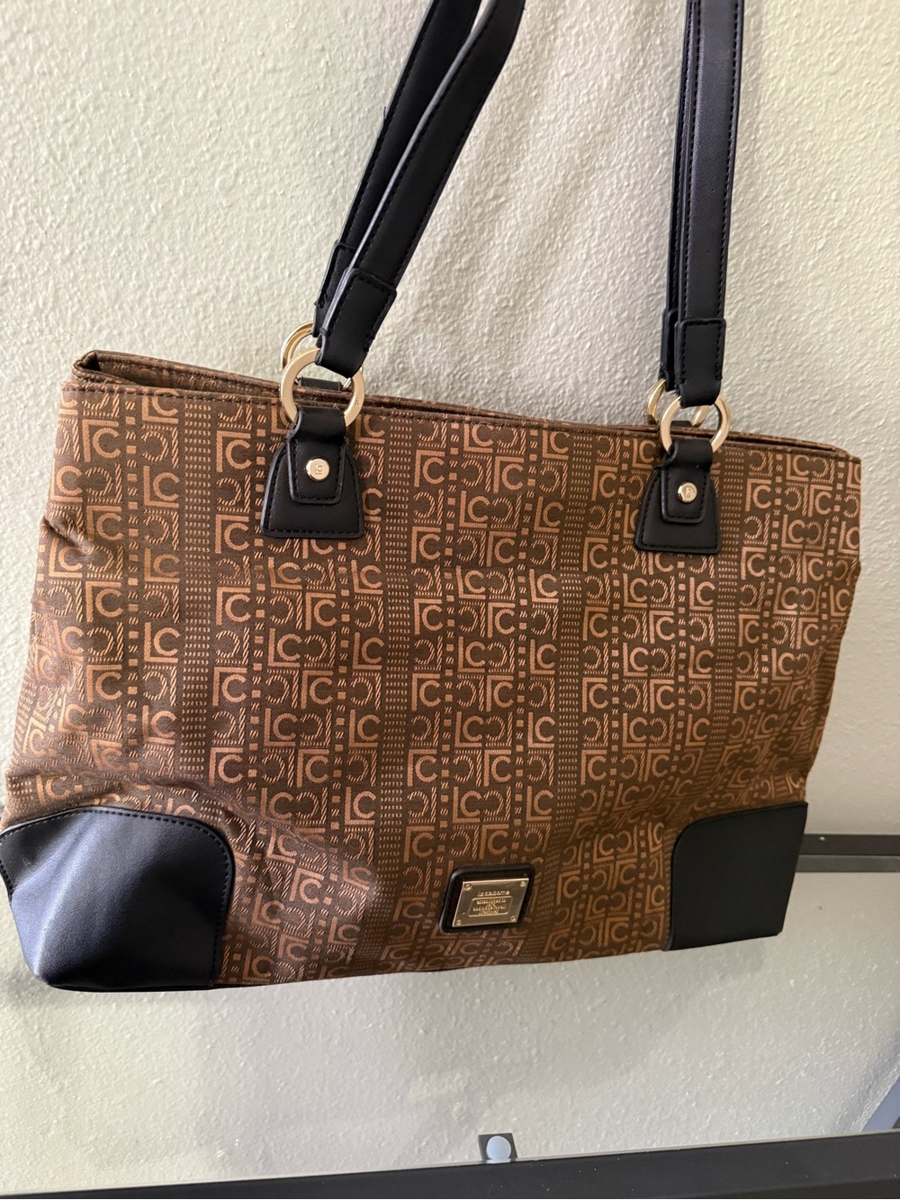 Liz Claiborne Brown Monogram Tote Bag Black Trim Gold Hardware